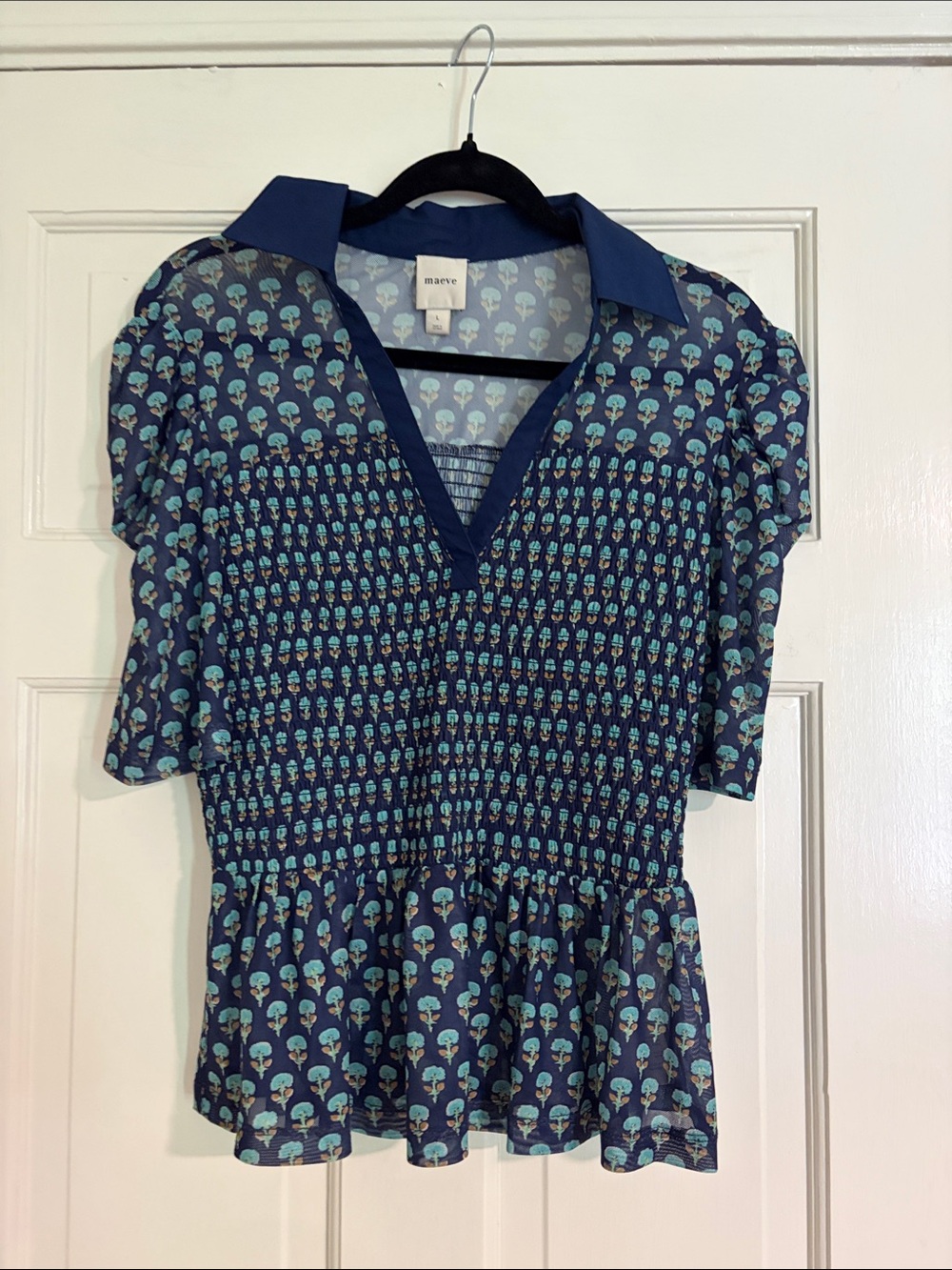 Maeve Navy & Teal Floral Smocked Peplum Blouse